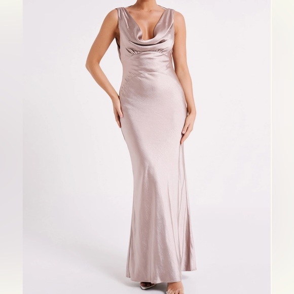Meshki Angelique Cowl Back Maxi Satin Dress - Taupe - Picture 1 of 7